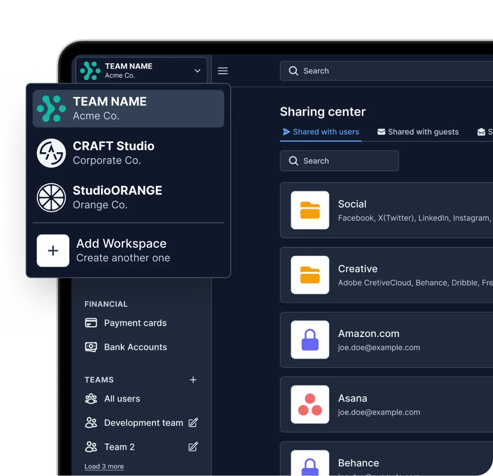 Switching between workspaces in the TheSecureLocker sharing center