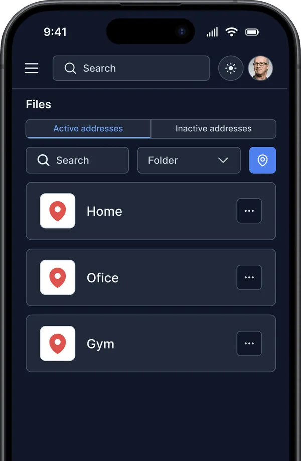 List of saved addresses in the TheSecureLocker mobile app