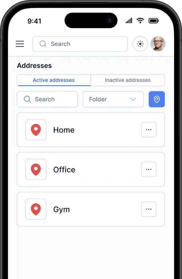 List of saved addresses in the TheSecureLocker mobile app